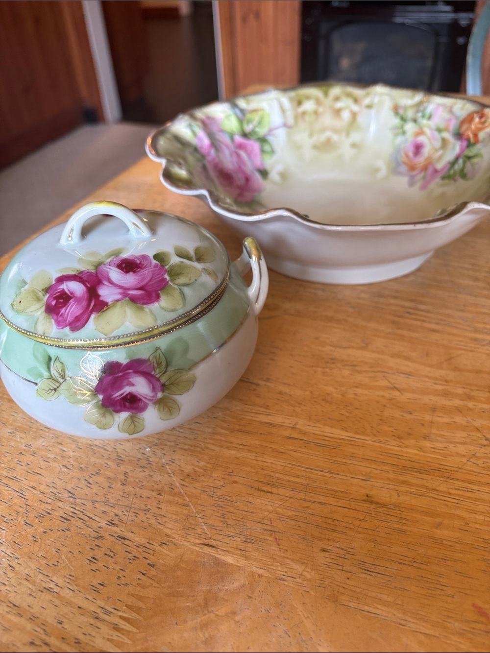 Floral Porcelain Sugar Bowl and Serving Bowl Set - Pink Rose
